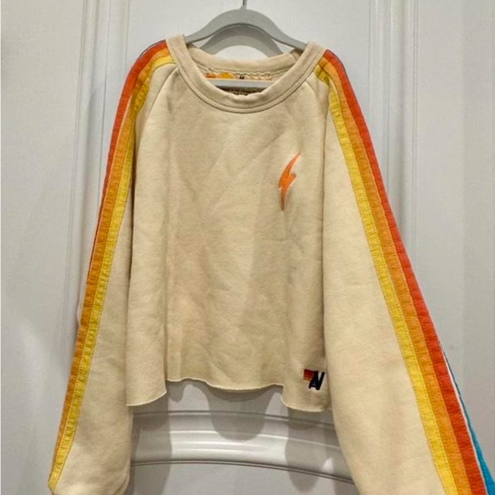 Aviator Nation Rainbow Stripe Cream Crop Sweatshirt